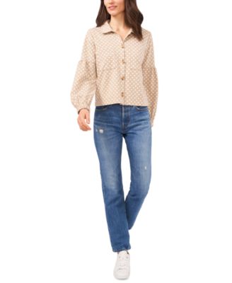 Riley Rae Pull à manches longues en point de Rome à fleurs et boutons noisette