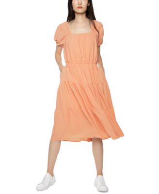 Robe mi-longue à volants et manches bouffantes à bandes botaniques