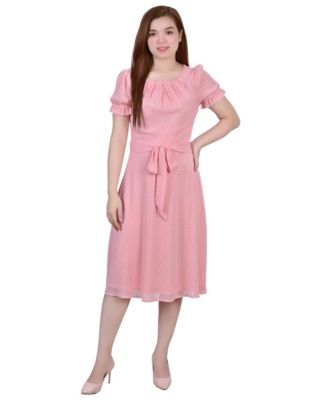 NY Collection Women's Petite Short Sleeve Midi Belted dress