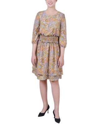NY Collection Women's Petite Size 3/4 Sleeve cinched waist Chiffon Dress. Black Print