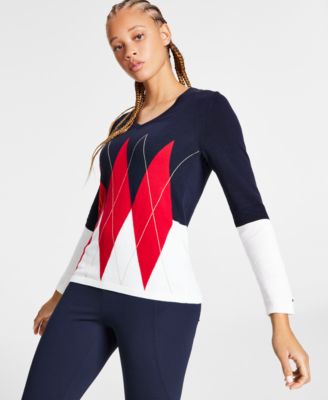 Pull col V en coton à imprimé losanges et blocs de couleurs Tommy Hilfiger pour femme