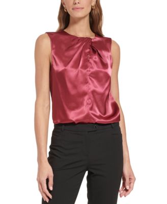 Calvin Klein Petite Sleeveless Pleat Neck Silky Top . Cranberry Red