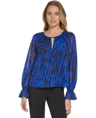 Pull imprimé DKNY à col fendu et poignets volantés Deep Cobalt Multi