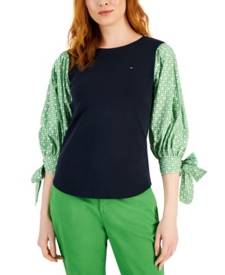 Tommy Hilfiger Womens Mixed-Print Tie-Sleeve Woven knit Top