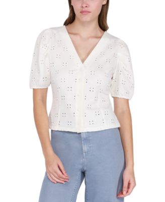 Black Tape Womens Button Down Puff-Sleeve V-Neck Blouse Cotton Top