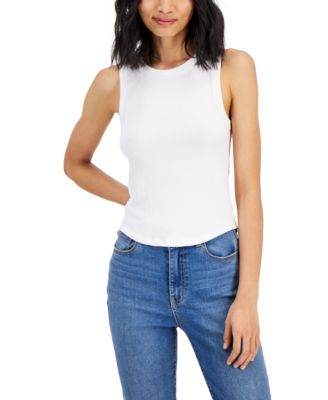 Planet Gold Juniors Crewneck Seamless Waffle-Knit Tank Top Bright White Large