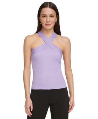DKNY Womens Sleeveless Halter-Neck ribbed Top- XL Digital Lavender