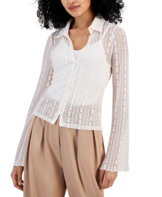 Crave Fame Juniors Lace Long-Sleeve Shirt Black Size Medium