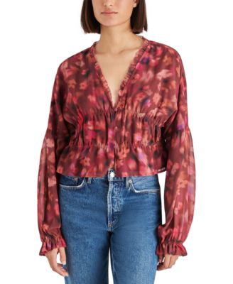 Steve Madden Womens Hollis V-Neck Long-Sleeve Blouse. Pink Multi Medium