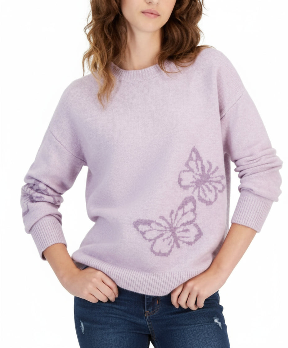 Hooked Up by IOT Juniors Printed Crewneck Swea Pale Lilac Butterfly sweater Top Medium