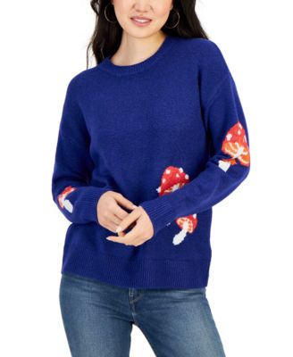 Hooked Up by IOT Juniors Printed Crewneck Sweater top Bright Cobalt Mushroom Small