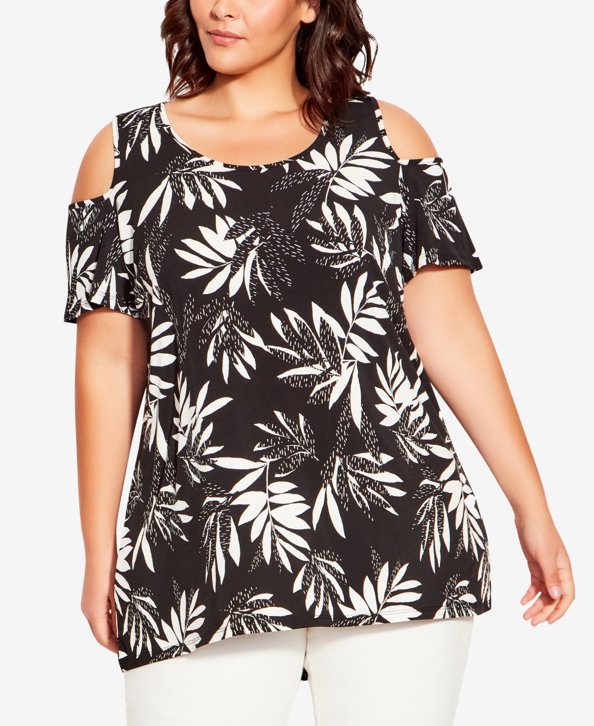 Avenue Plus Size Claire Robe à épaules dénudées Mono Palm Print.