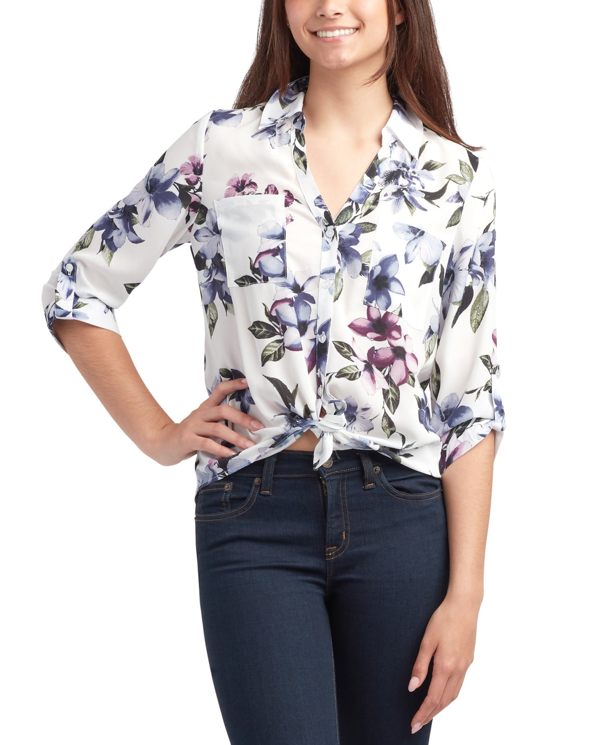 BCX Juniors' Printed Button-Front Roll-Tab-Sleeve Shirt. White. XS