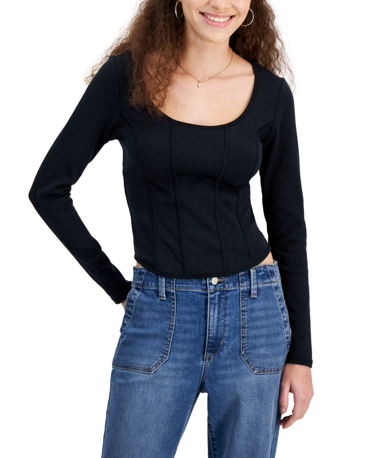 Almost Famous Juniors Long-Sleeve Corset Knit Top. Black Medium