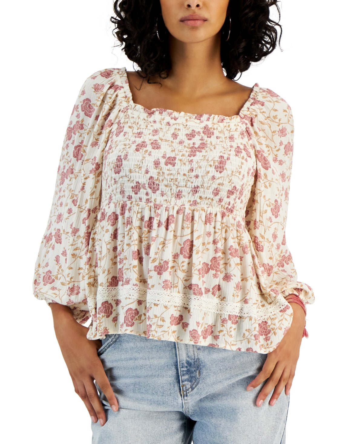 Hippie Rose Juniors Square-Neck Peplum Blouse Top. Floral