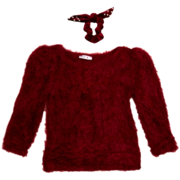 Beautess Big Girls2 pcs Fuzzy Crew Neck Faux Fur Top and scrunchy set Wine XL 16