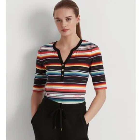 Lauren Ralph Lauren Striped Stretch Cotton Henley T-Shirt - Black Multi XS