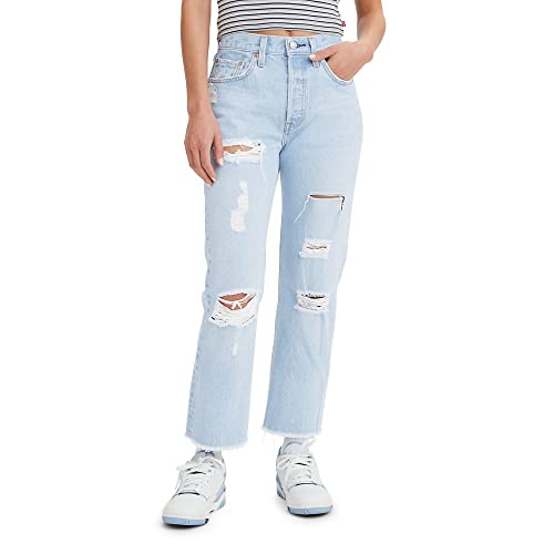 Levis 501 Cropped Straight-Leg Jean Light Indigo Destructed 30x26