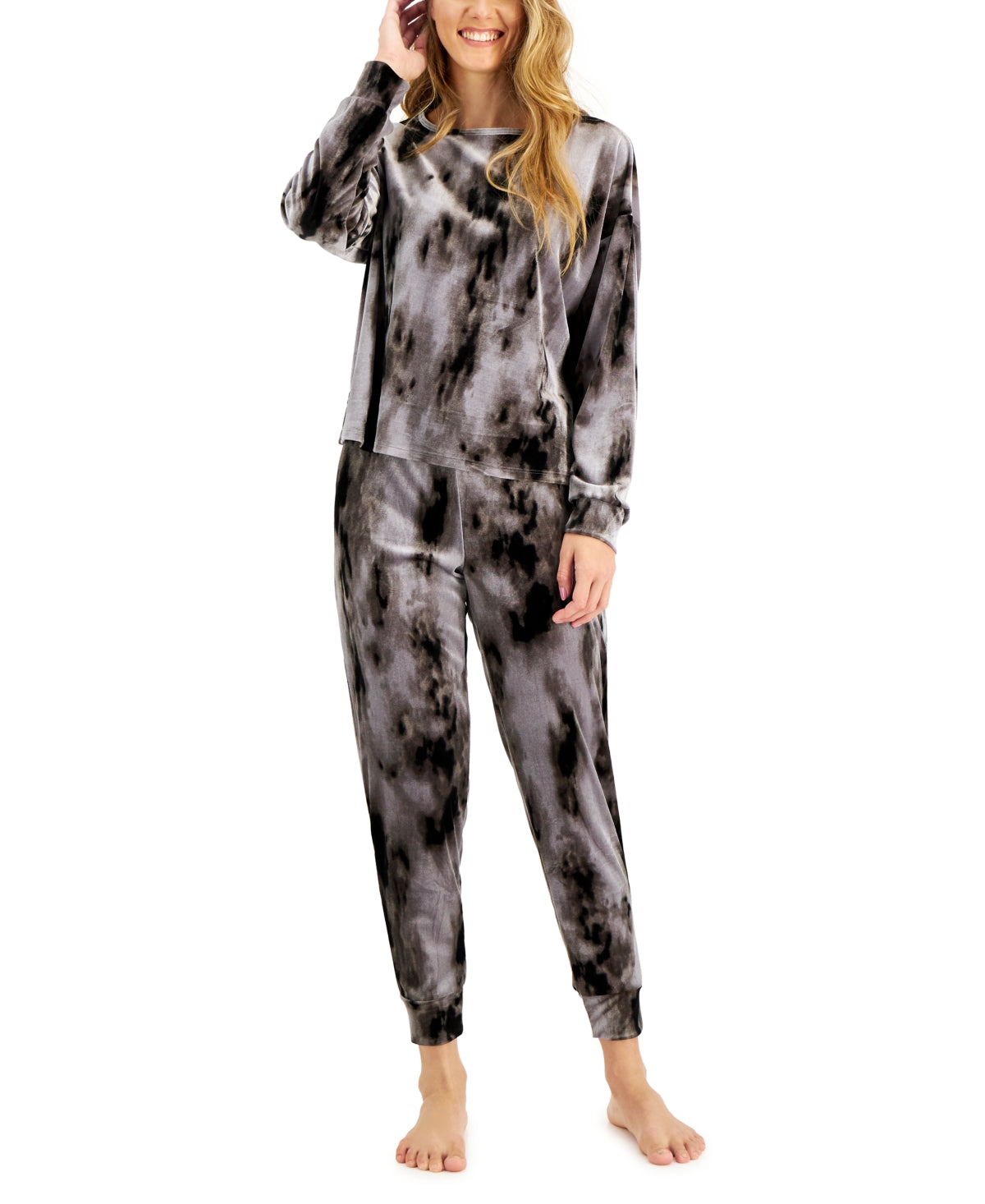 Women Jenni Velvet Tie dye Long Sleeve Top & Jogger Lounge Set Gray Black XS