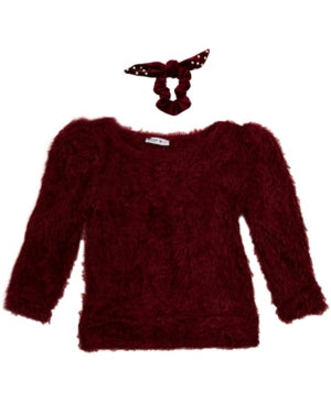 Beautees 2pcs Big Girls Boat Neck 3/4 Sleeve Pullover faux fur Sweater scrunchie set X-large (16) , Wine
