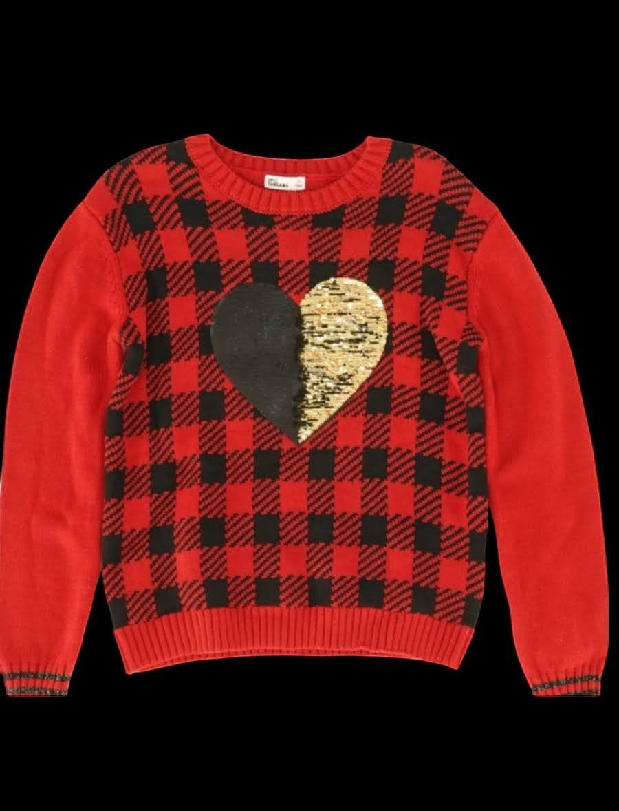 epic threads toddler girls red and black plaid sweater with a reversible sequin heart graphic