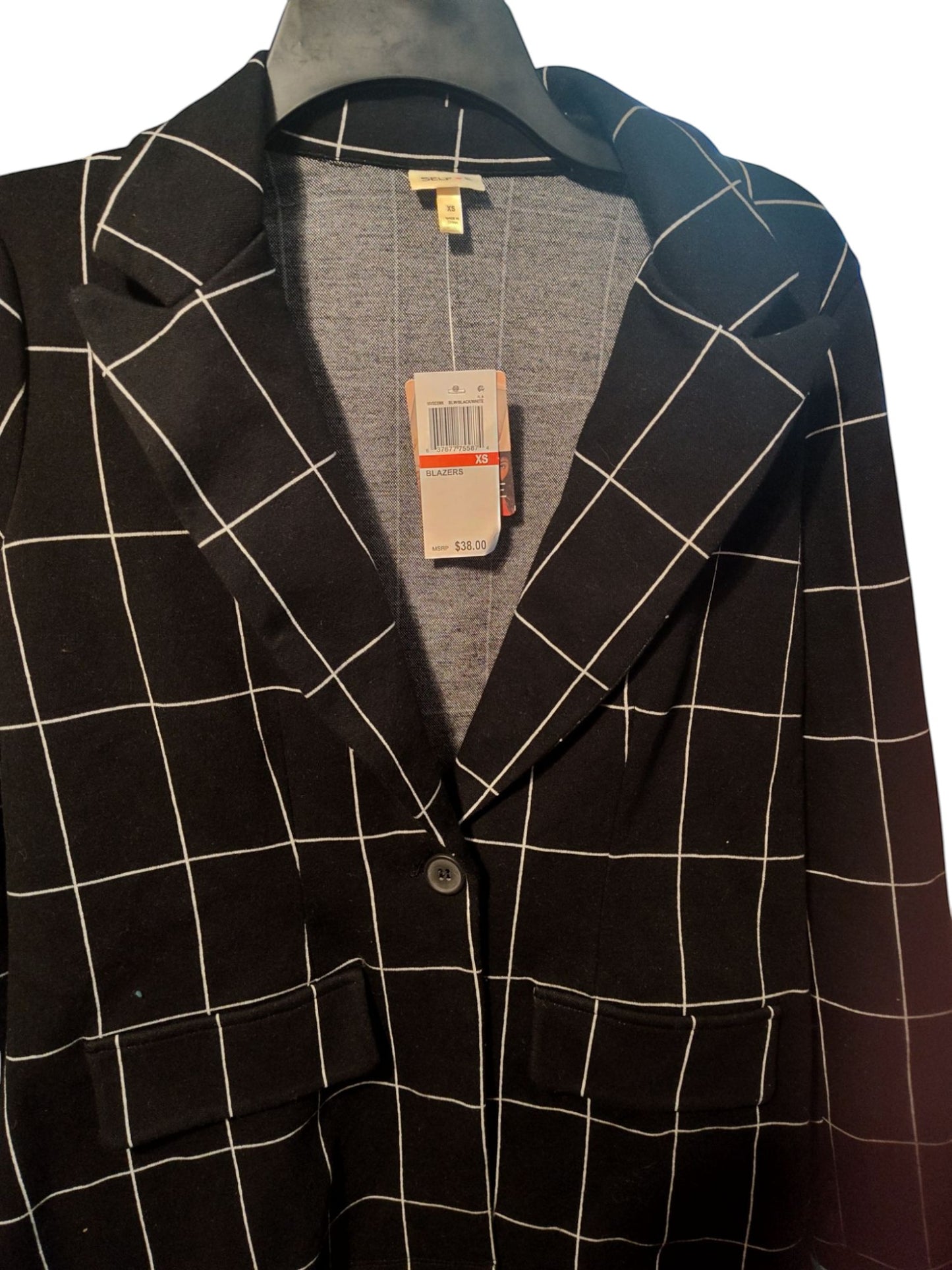 Self Esteem black and white windowpane patterned blazer with notched lapels and single-button closure.