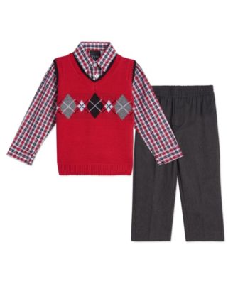 TFW Little Boys Argyle 3 Piece Sweater Shirt Pant Set Tango Red Size 4