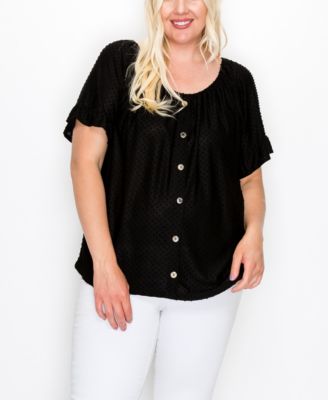 COIN 1804 Plus Size Button Front Peasant Blouse  Black 2X