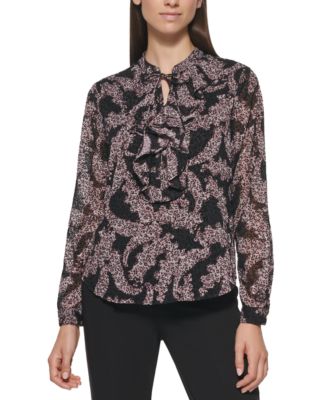 Paisley-Print Ruffled Tie-Neck Blouse Black Egret