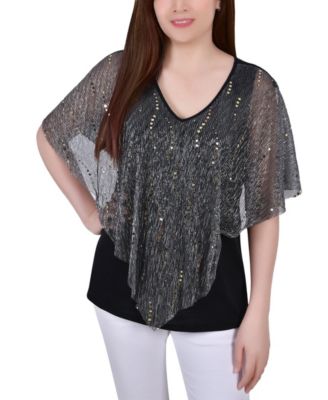 Petite Pleated Mesh Poncho with Gray, Gold M