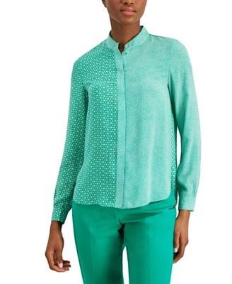 Anne Klein Mixed-Print Covered-Placket blouse top. Green small