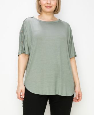 COIN 1804 Women's Plus Size Button Shoulder Short sleeve Boat neck blouse top Off White 2X