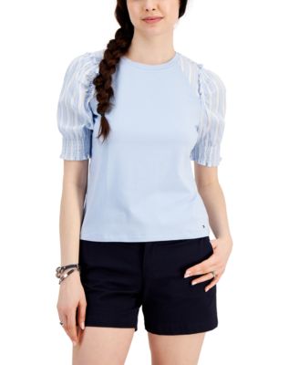 Tommy Hilfiger Womens Mixed Media Puff-Sleeve Top