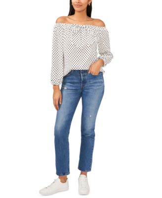 Riley Rae Womens Dot Print Off The Shoulder Bow Blouse White