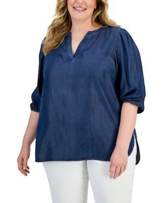 Anne Klein Plus Size Denim Split-Neck High collar