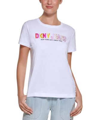 DKNY Jeans Womens Ombre-Logo Glitter T-Shirt XS