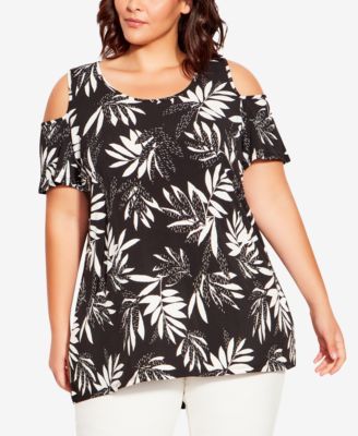 Avenue Plus Size Claire Cold Shoulder Mono Palm Print.