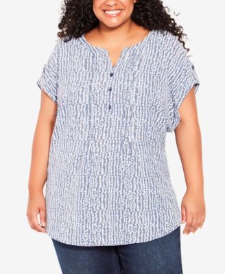 Avenue Women's Plus Size Button Pleated Print Top Olive Green Pebble  26W/28W