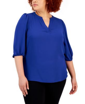 Anne Klein Plus Size Split-Neck Puff-Slee Royal