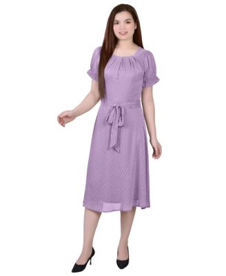 NY Collection Women's Petite Short Sleeve Belted Chiffon Dress. PM -Peach Pink