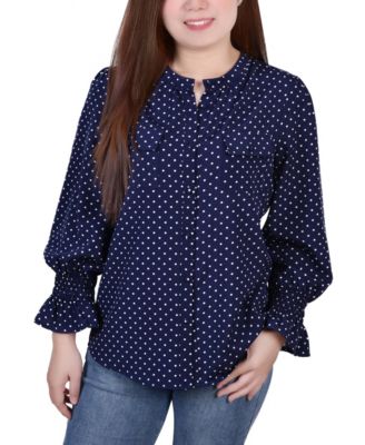 Petite Long Sleeve Y-Neck Blouse