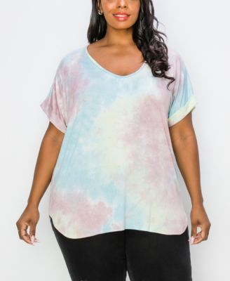COIN 1804  Women's Plus Size Hand Tie Dye V-Neck Rolled Sleeve Top-Taupe Olive 2X