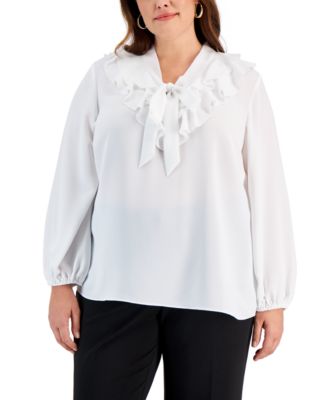 Kasper Plus Size Ruffled Tie-Neck Blo Fire