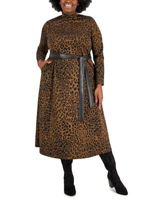 Anne Klein Plus Size Jacquard Leopard Mockneck Midi Dress.  Espresso Anne Black