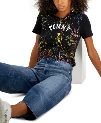 Tommy Jeans Womens Paint-Splatter T-Shirt Crew Neck Short Sleeve