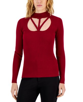 Womens Strappy Cutout Mock- Neck Rib Sweater