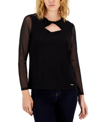 Nine West Womens Twist-Neck Cutout Long sleeve mesh blouse XS black