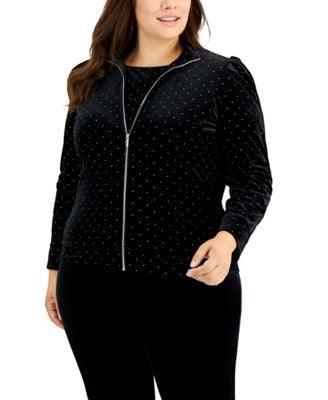 Anne Klein Women Plus Size Dot-Print Puff-Sleeve zip up jacket top black