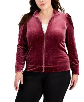 Anne Klein Women Plus Size Dot-Print Puff-Sleeve zip up jacket top red