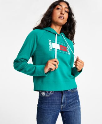 Tommy Jeans Womens Cropped Flag-Graphic Pullover Hoodie